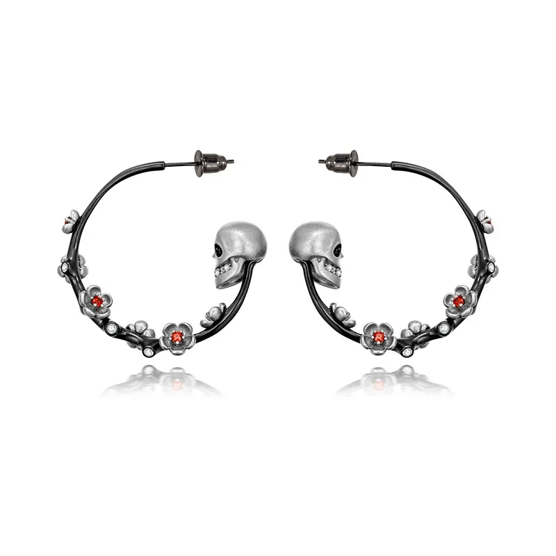 Gothic Flower Skull Hoop Earrings