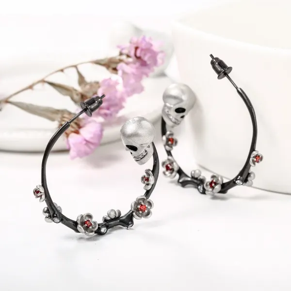 Flower Skull Earrings Gothic Hoop Women Black Garnet Red
