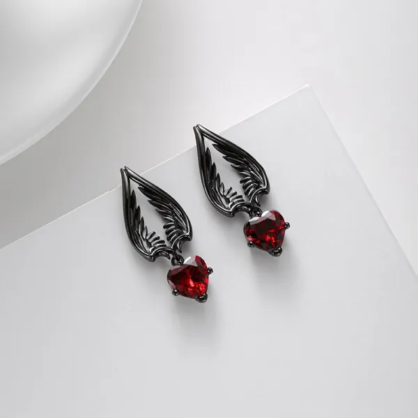 Wing Earrings Gothic Drop Women Black Garnet Red Heart
