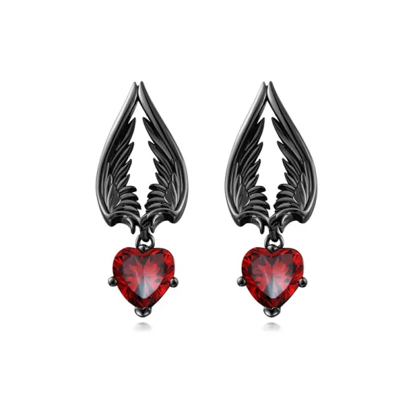 Wing Earrings Gothic Drop Women Black Garnet Red Heart
