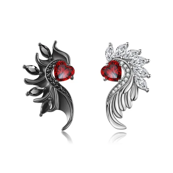 Wing Earrings Gothic Stud Women Black Garnet Red Heart