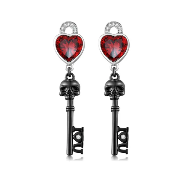 Key Lock Skull Earrings Gothic Dangle Women Black Garnet Red Heart