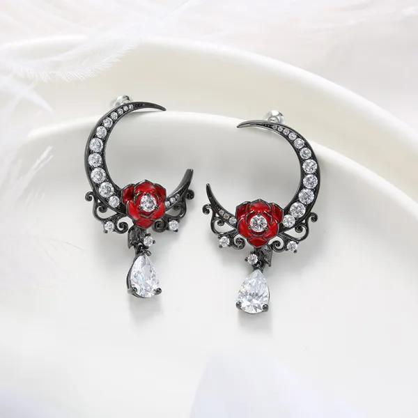 Moon Rose Earrings Gothic Drop Women Black White Pear