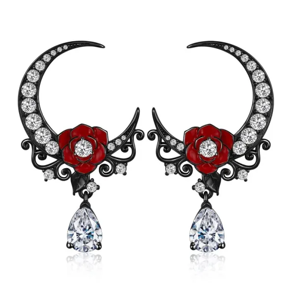 Gothic Moon Rose Plating Lacquer Drop Earrings For Women