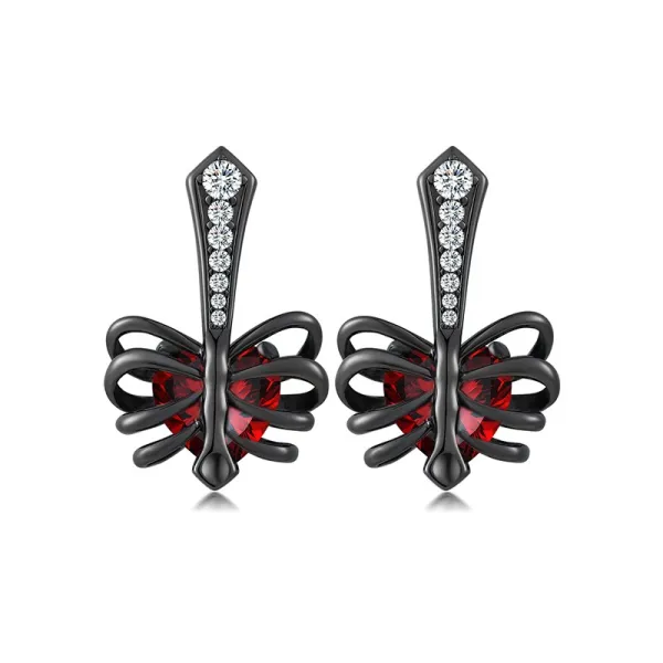 Rib Earrings Gothic Stud Women Black Garnet Red Heart
