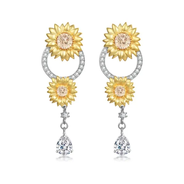 Sunflower Earrings Nature Drop Women 14K Gold White Champagne Round Pear
