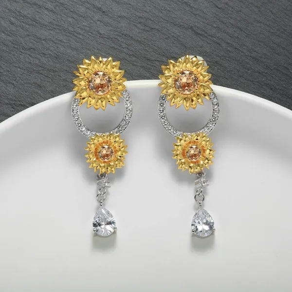 Sunflower Earrings Nature Drop Women 14K Gold White Champagne Round Pear