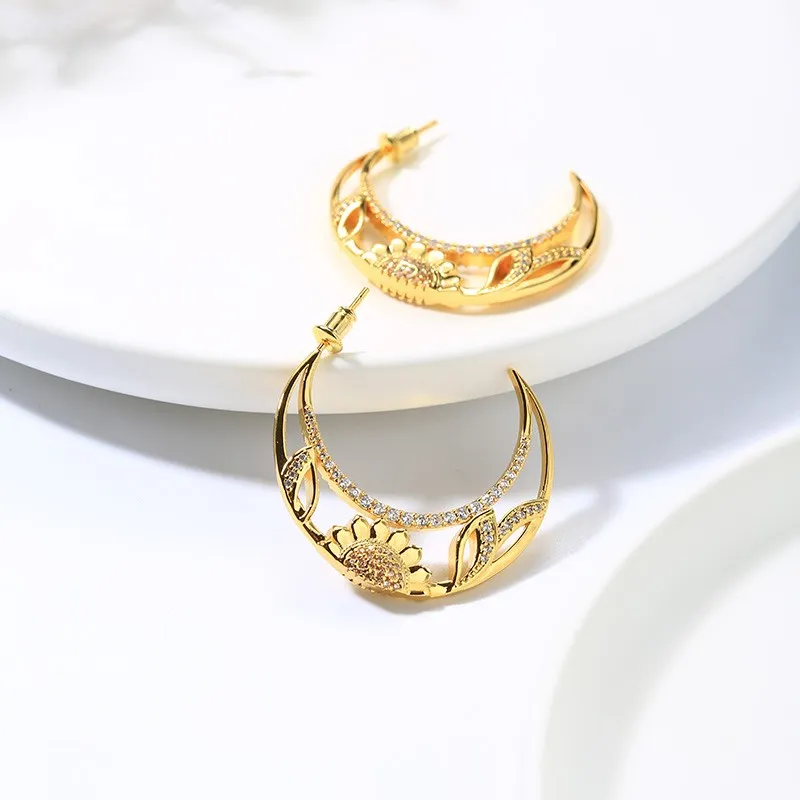 Nature Moon Sunflower Hoop Earrings