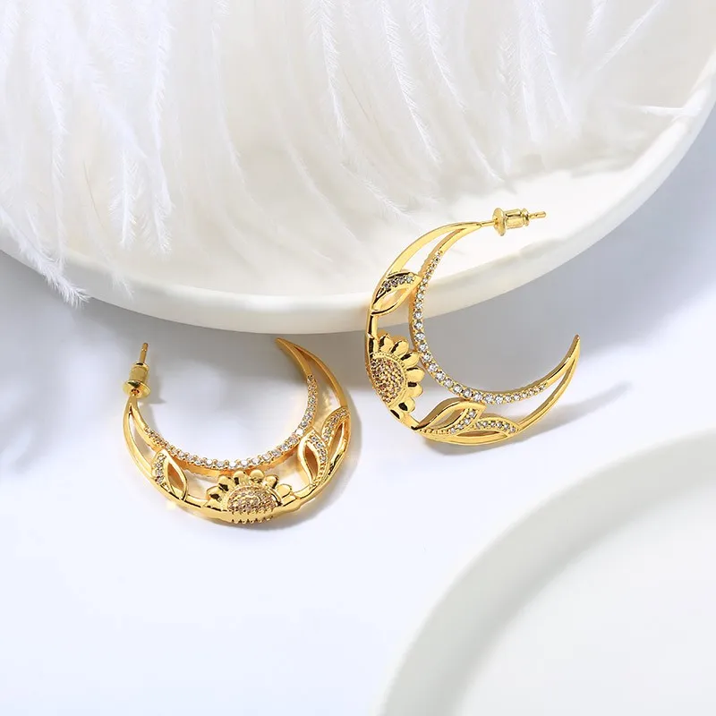 Nature Moon Sunflower Hoop Earrings