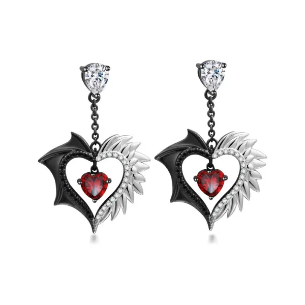 Wing Earrings Gothic Dangle Women Black Garnet Red Heart