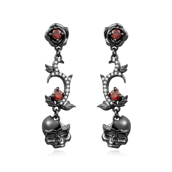 Skull Earrings Gothic Drop Women Black Garnet Red Round