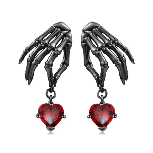 Hand Skeleton Earrings Gothic Drop Women Black Garnet Red Heart
