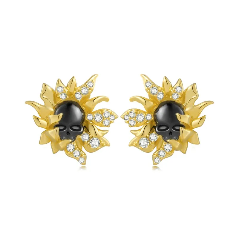 Gothic Nature Daisy Skull Stud Earrings