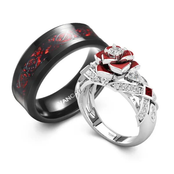 Gothic Nature Red Rose Engagement Ring Wedding Band Women Men Round