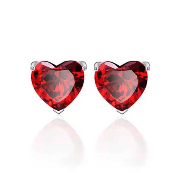 Garnet Red Heart Earrings Simple Stud Women White Gold