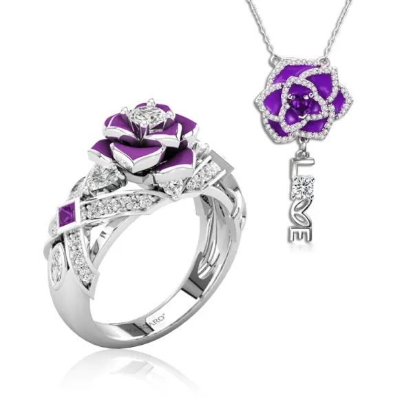Nature Rose Ring Necklace Jewelry Set For Women
