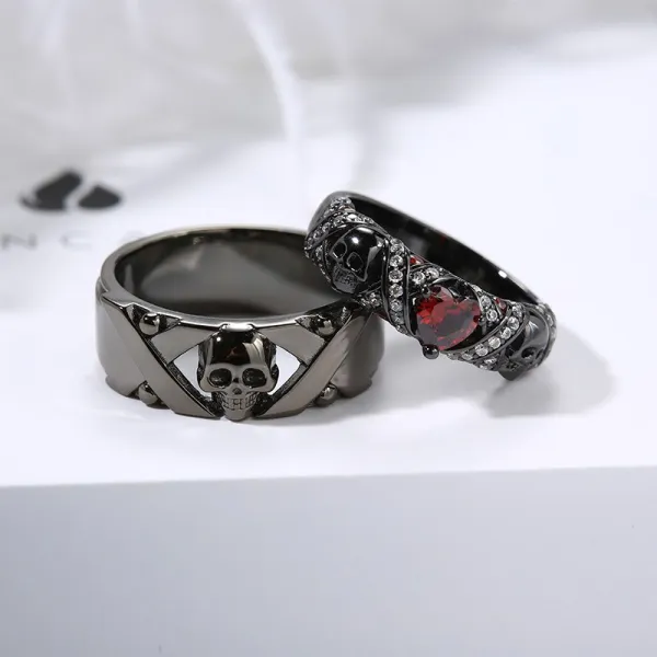 Gothic Skull Couple Ring Couple Garnet Red Heart