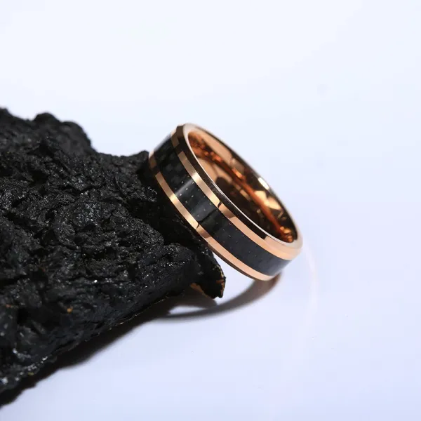 Men Wedding Band Ring Tungsten Steel 18K Rose Gold Black Carbon Fiber