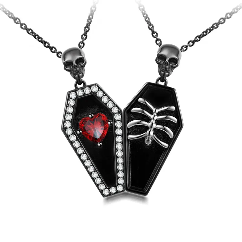 Gothic Coffin Skull Pendant Necklace Garnet Red Heart