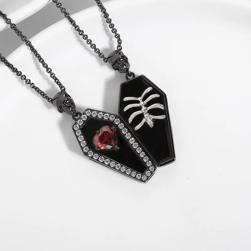 Gothic Coffin Skull Pendant Necklace Garnet Red Heart