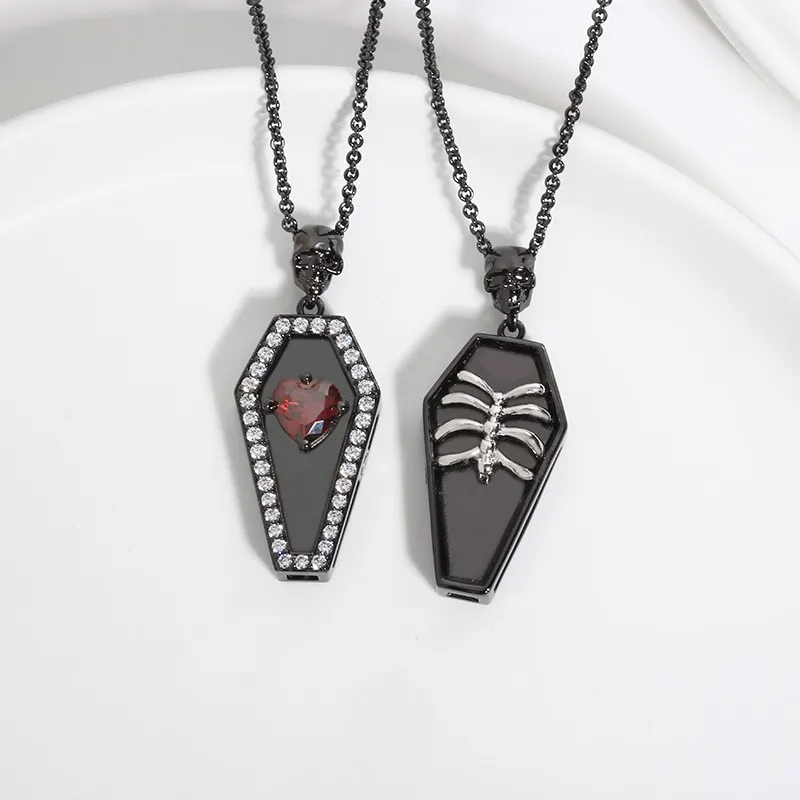 Gothic Coffin Skull Pendant Necklace Garnet Red Heart