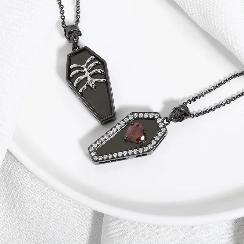 Gothic Coffin Skull Pendant Necklace Garnet Red Heart