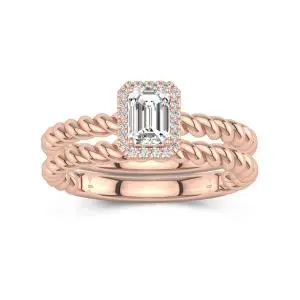 14K Rose Gold Halo Twist Wedding Ring Set