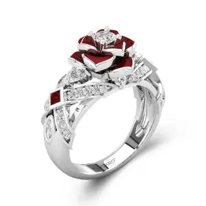 Gothic Nature Red Rose Engagement Ring Wedding Band Women Men Round